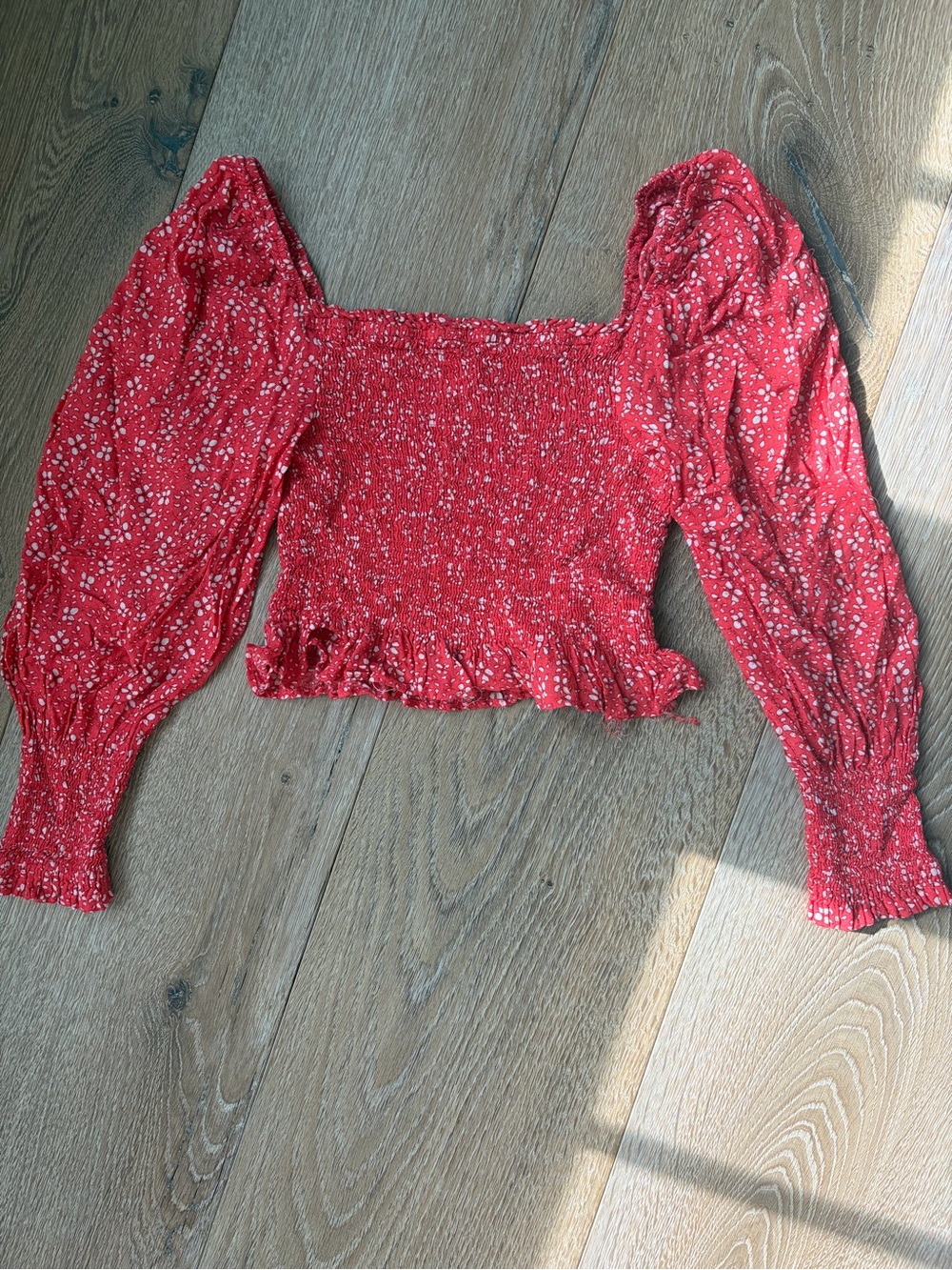 Red Floral Smocked Puff-Sleeve Crop Top